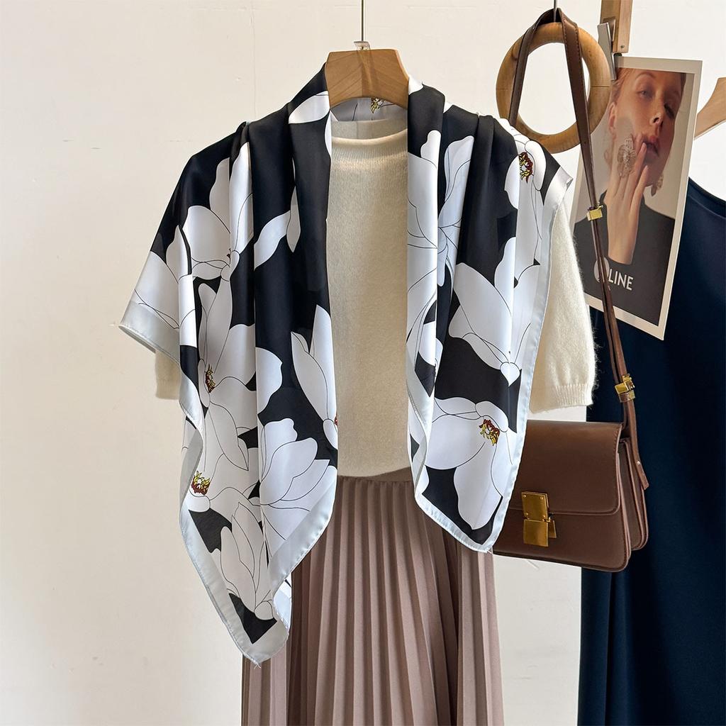 90*90cm Square Scarf Luxury Floral Print Silk Scarfs Women Neck Scarves Foulard Headscarf Summer Shawls Hijab Bandana Head Scarf