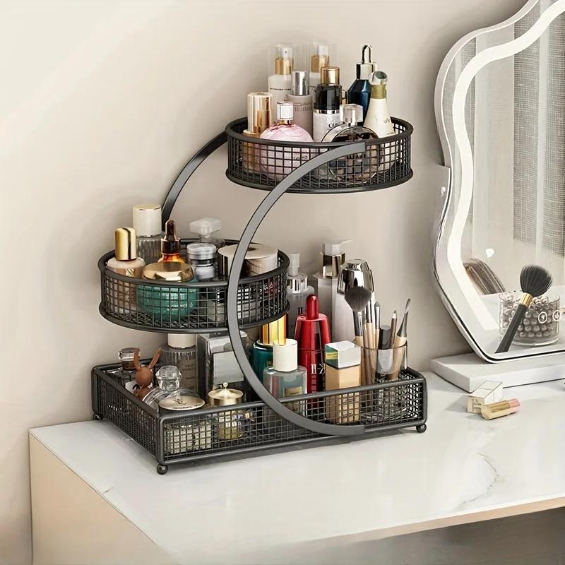 

1pc Metal Makeup Storage Rack Cosmetic Organizer Dresser Multi-layer Skincare Organizing Box Lightweight No-Installation Home чёрный