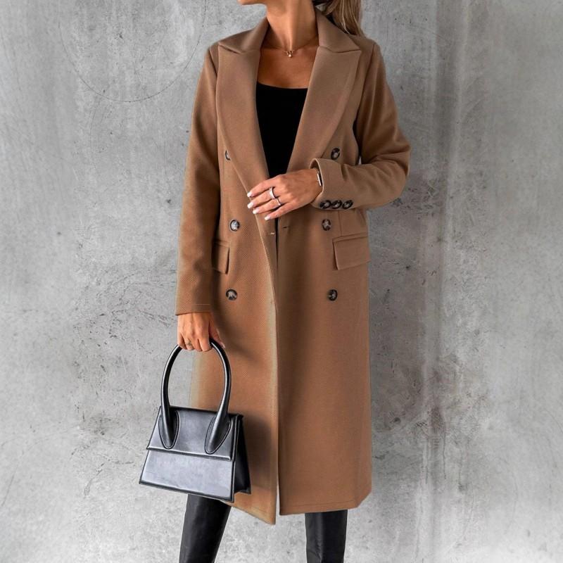 Womens Long Wool Blend Coat With Real Pockets Thick Winter Outerwear Classic Notched Collar Double-Breasted Button