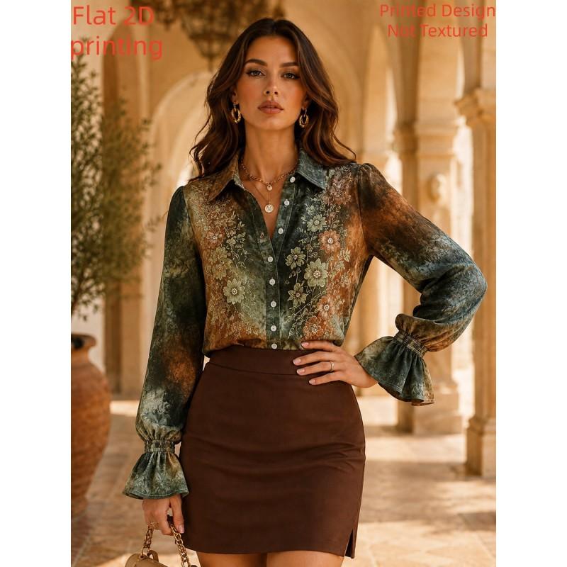 Womens Western Vintage Floral Shirt Long Sleeve Casual Top Daily Wear