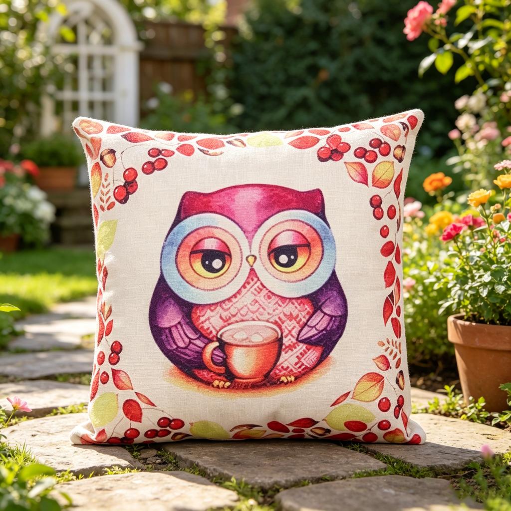 Cute Autumn Owl Throw Pillow Cover, Fall Watercolor Linen Cushion Cover for Seasonal Home Decor