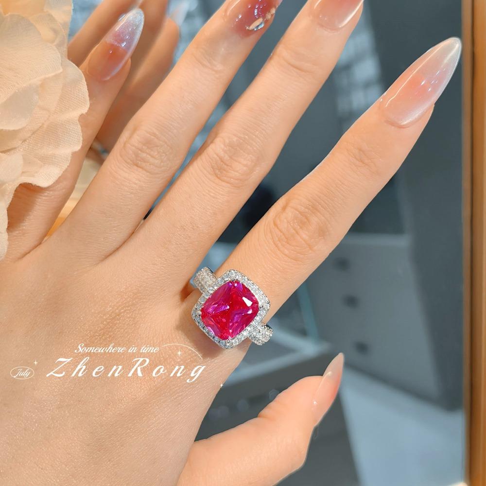 Luxury Open Ring with Simulated Ruby Vintage Cushion Cut Red Corundum High Carbon Diamond Ring for Women