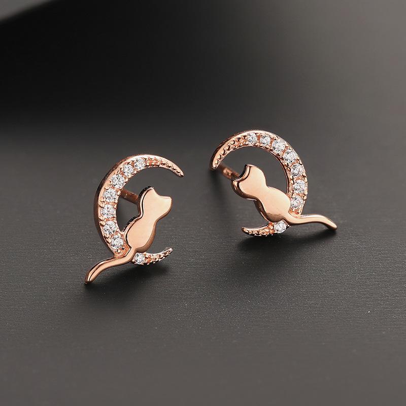 

Серьги-пусеты из стерлингового серебра 925 пробы «Кошка и луна» - Корейский стиль, милый и простой подарок для женщин и студенток 925 Silver