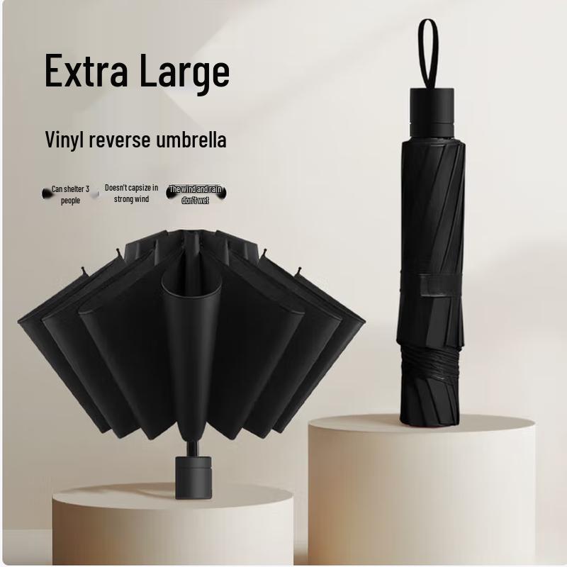 Yan Wang Black Coated 10-Rib Large Tri-fold UV Umbrella