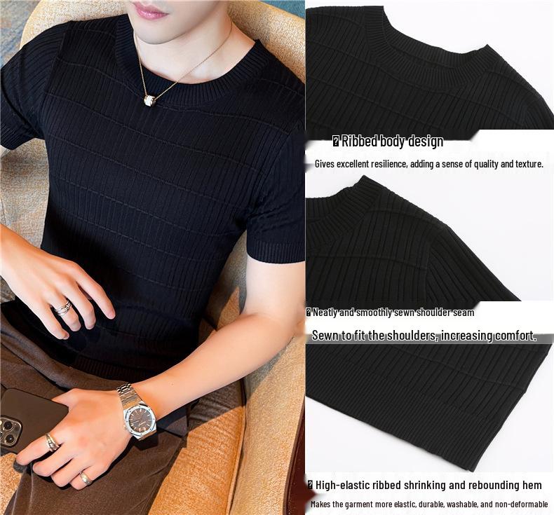 Men's Short-Sleeve Wool Knit Sweater - Spring/Autumn Trendy Lightweight Base Layer Top
