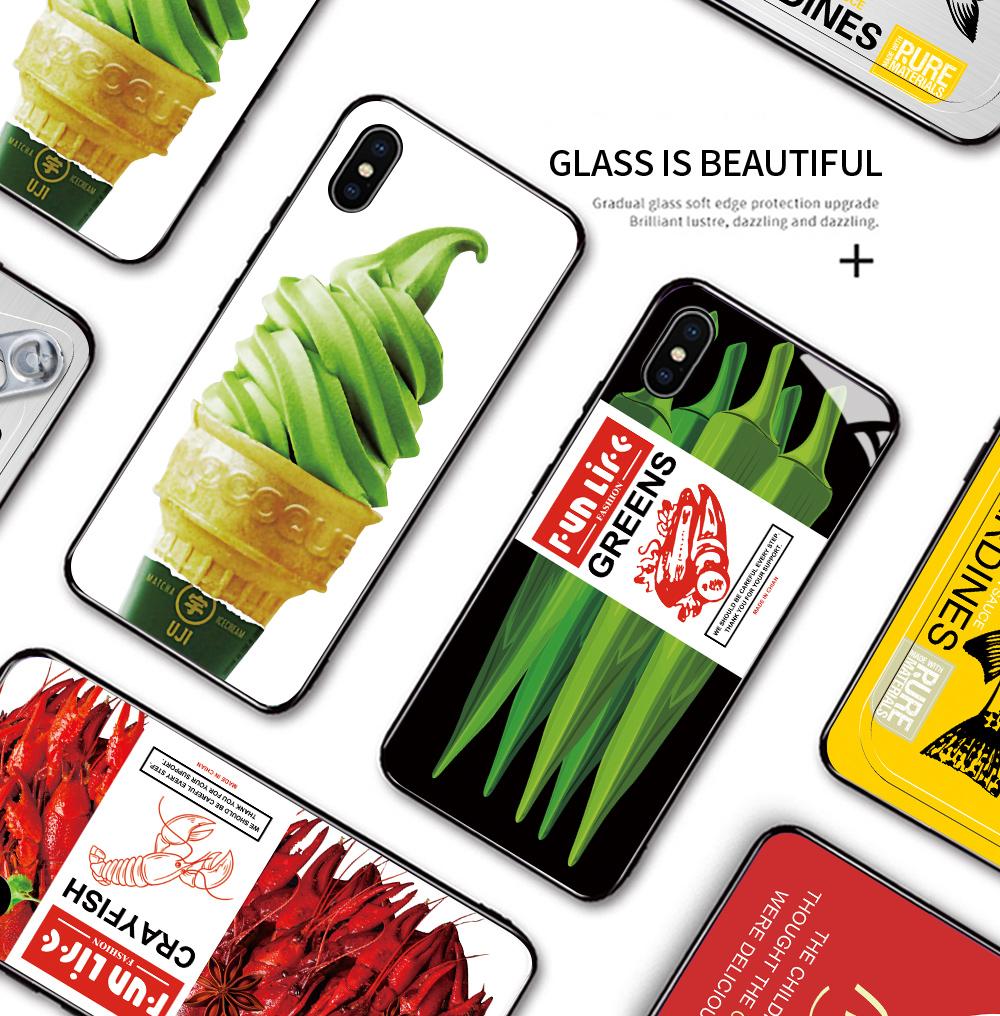 Tempered Glass Phone Case for iPhone Samsung Galaxy Infinix TPU Soft Edge Fashion Popular Food Patterns Shockproof Cover