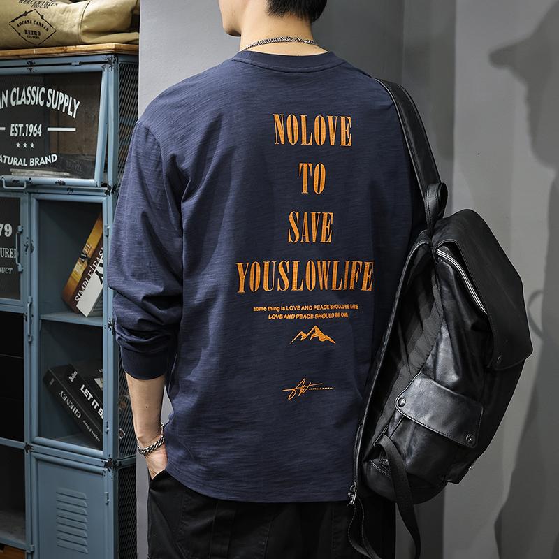 

Весенне-осенняя текстура бамбукового хлопка мужская футболка с длинным рукавом ретро модная брендовая футболка с принтом осенний свободный свитер 4XL королевский синий