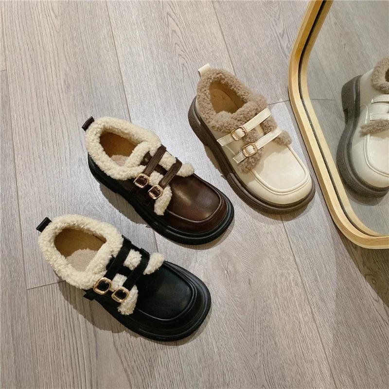 Winter Womens Shoes Plush Warm Cotton Shoes Winter Warm Small Leather Shoes for Women Casual Dress Footwear Botas Invierno Mujer