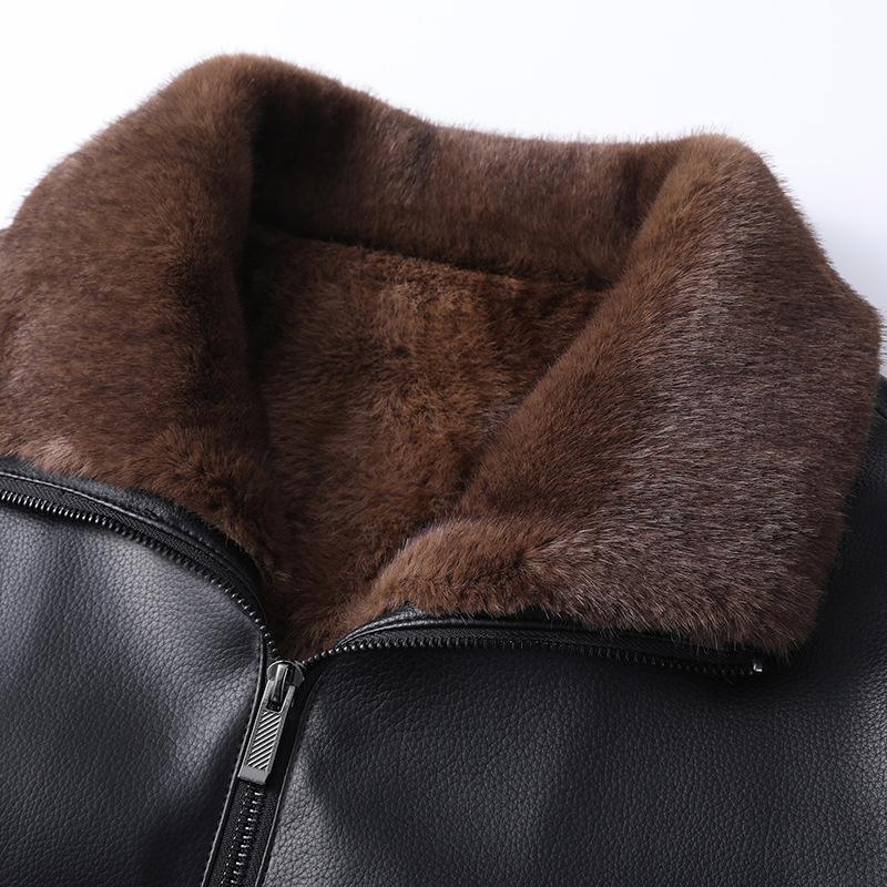 New Style Leather Jacket for Men with Velvet and Thickening for Middle-aged and Elderly Men with Fur Integrated Winter Daddy Lapel Warm Leather Jacket