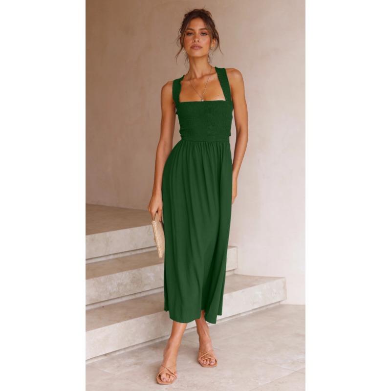 

VEZFAA женские модные летние весенние однотонные повседневные платья без рукавов с подтяжками и высокой талией M зелёный
