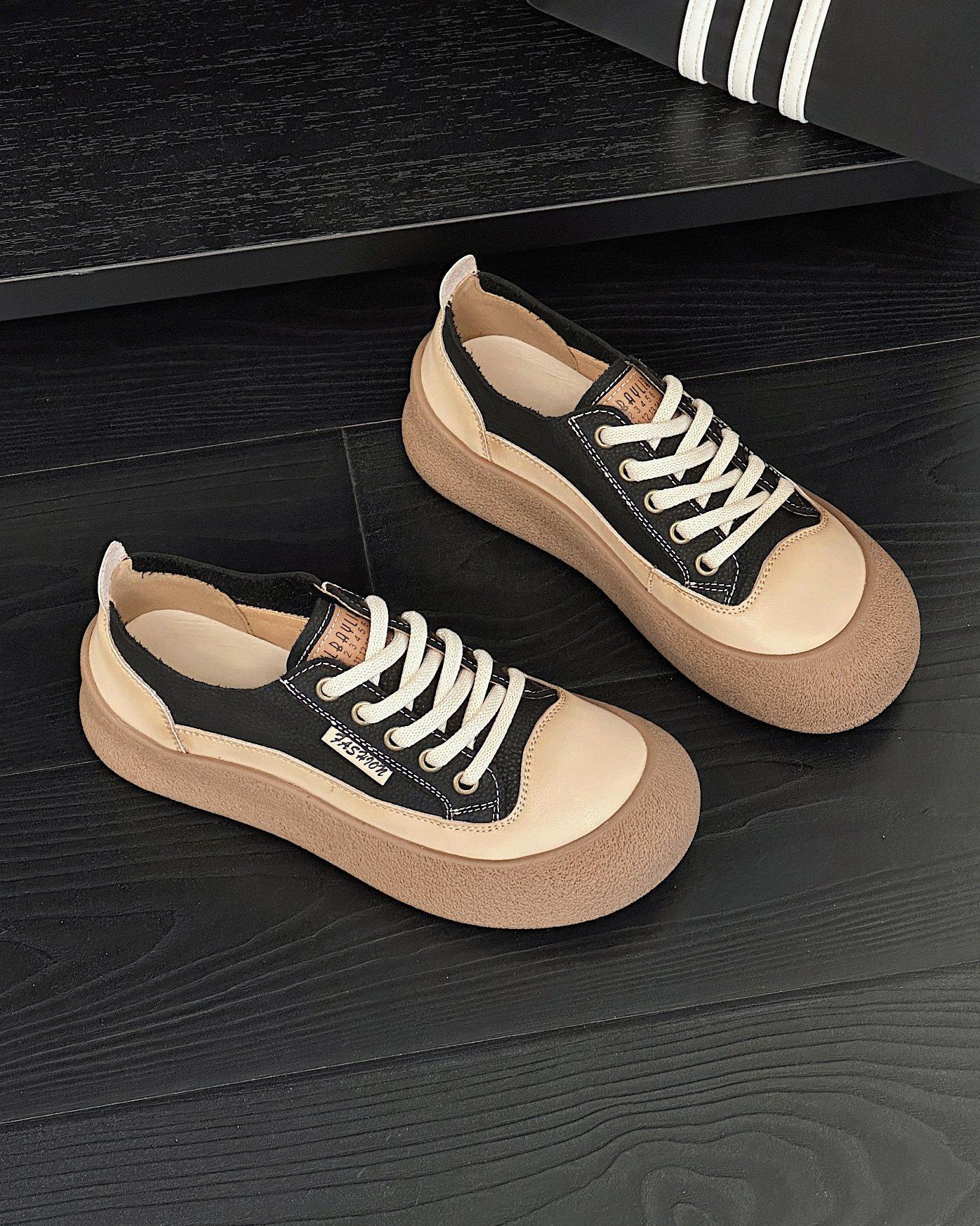 

Первый слой коровьей кожи ретро маленькие белые туфли женские на плоской подошве 2025 новые весна и лето толстая подошва одинарная обувь спортивная и повседневная доска с 35