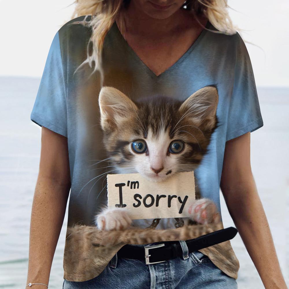 Summer Funny Cat Sorry 3D Print T-shirt Women Streetwear Casual T Shirts Y2k Tops Woman Harajuku V-Neck Tees Oversized Clothing