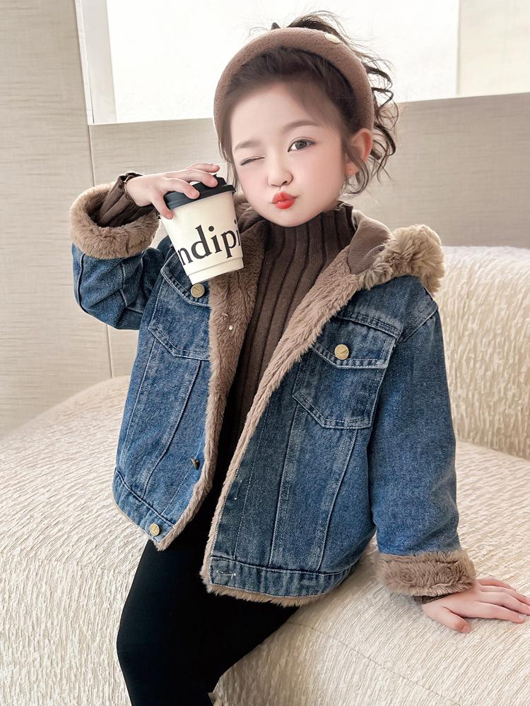 Girls' Fleece-Lined Denim Jacket - Warm Korean Style Autumn/Winter Cotton-Padded Top for Little Girls