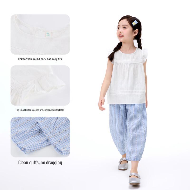 Girls' Pure Cotton Sleeveless Top & Plaid Pants Set