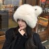 Fashion Bear Ear Fur Cap For Women Fur Hat Autumn and Winter Fur Hats Mongolian Hat Brimless Plush Fluffy Skiing Riding Warm Cap