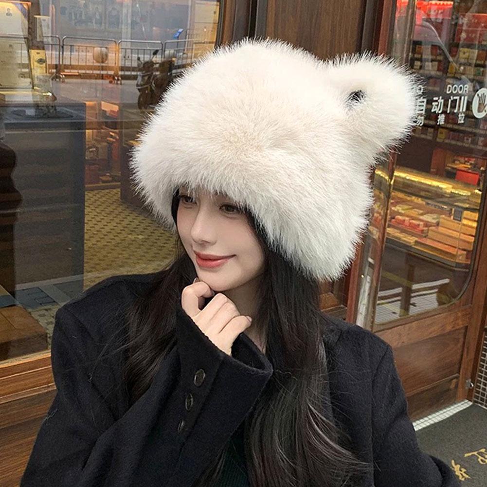 Fashion Bear Ear Fur Cap For Women Fur Hat Autumn and Winter Fur Hats Mongolian Hat Brimless Plush Fluffy Skiing Riding Warm Cap