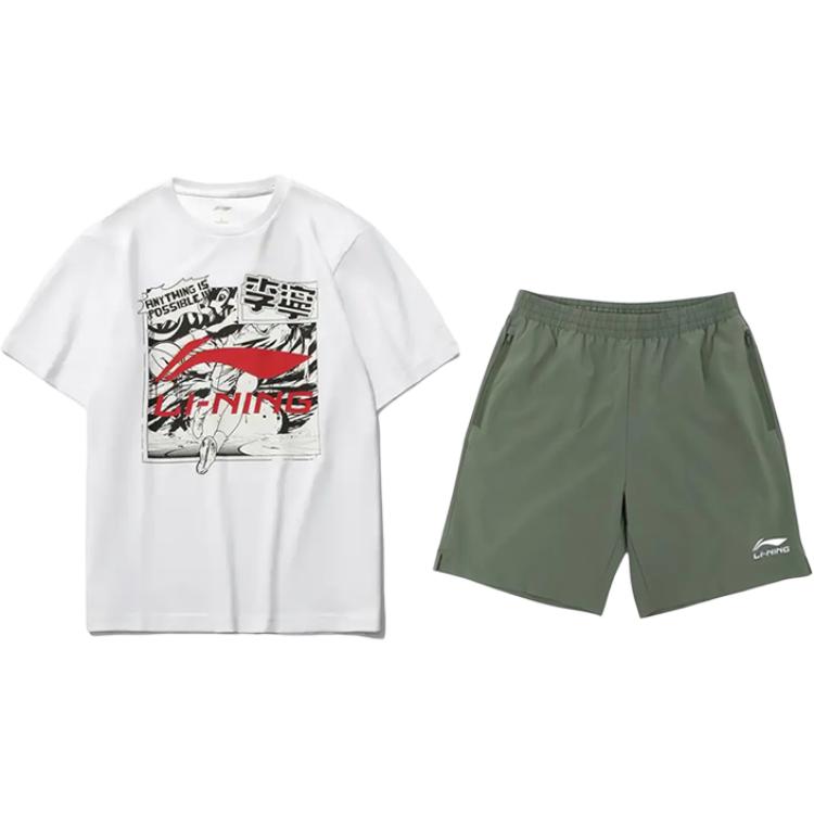 

Логотип Li Ning Мультяшный принт Модный Удобный Универсальный Пуловер с круглым вырезом Футболка с коротким рукавом Повседневный Спортивный комплект Унисекс Топы AHSUA21-1+YKSV147-1 XL