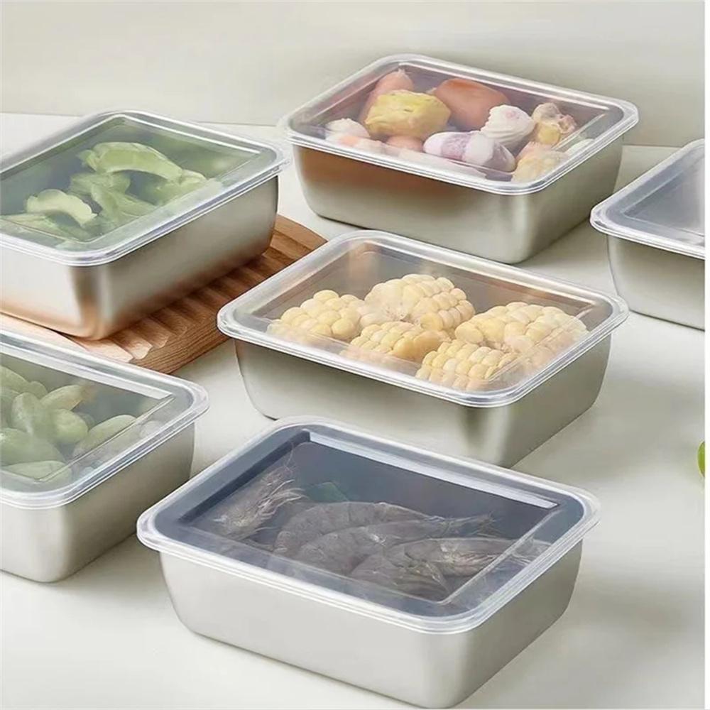 Stainless Steel Food Storage Serving Trays Rectangle Sausage Noodles Fruit Dish with Cover Home Kitchen Organizers Food Containe