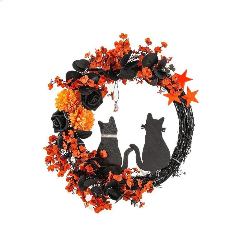Halloween Moon Cat Wreath Decor Door Wall Hanging Couple Cats Wooden Craft Festival Party Decoration