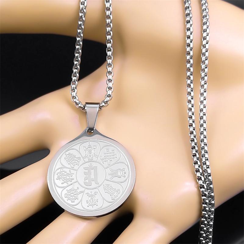 Eight Auspicious Treasures Six Character Mantra Lotus Medal Necklaces for Men Women Stainless Steel Eight-Treasure Lotus Jewelry