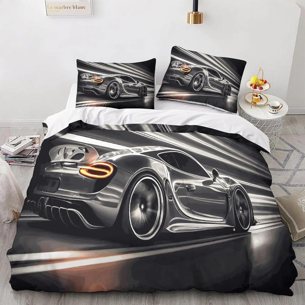3d Racing Car Printed Bedding Set Duvet Cover, Cartoon Comforter Quilt Cover Set and Pillowcase 2Piece For Kids Teens Boys