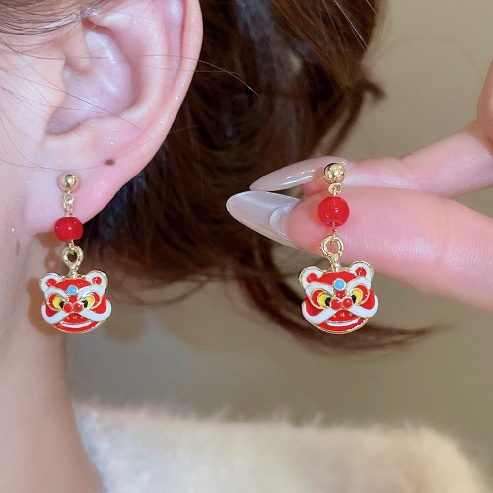 Cartoon Tassel Lion Dance Earrings Awakened Lion Chinese Style Lion Dance Ear Studs Pendant Alloy Drop Earrings Fashion Jewelry