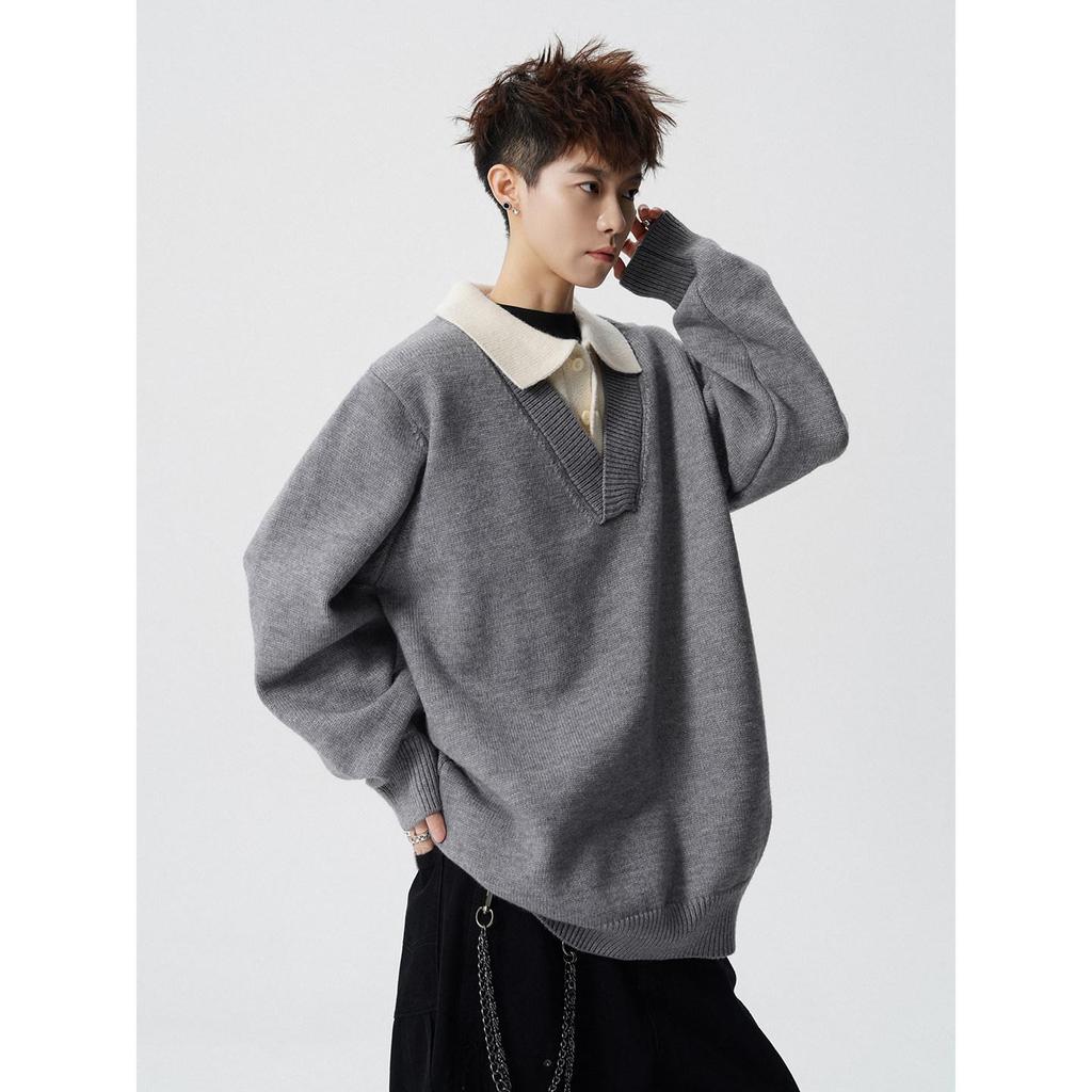 Vintage Style Men's Lapel Sweater: Patchwork Knitwear Pullover for Spring/Autumn