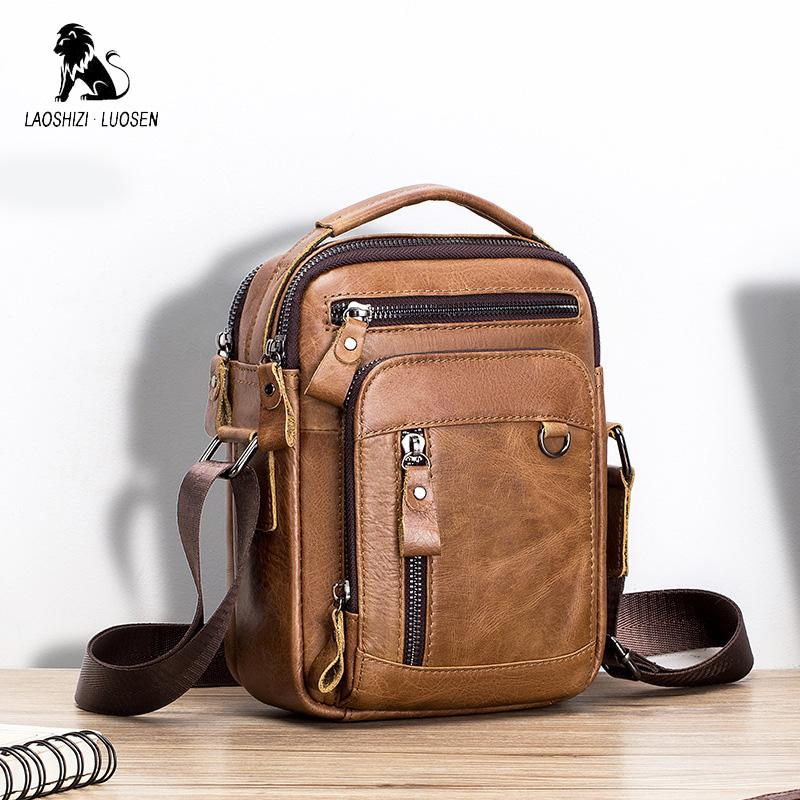 LAOSHIZI Genuine Leather Men's Crossbody Shoulder Bag Vintage Cowhide Messenger Bag for Male Small Casual Handbag