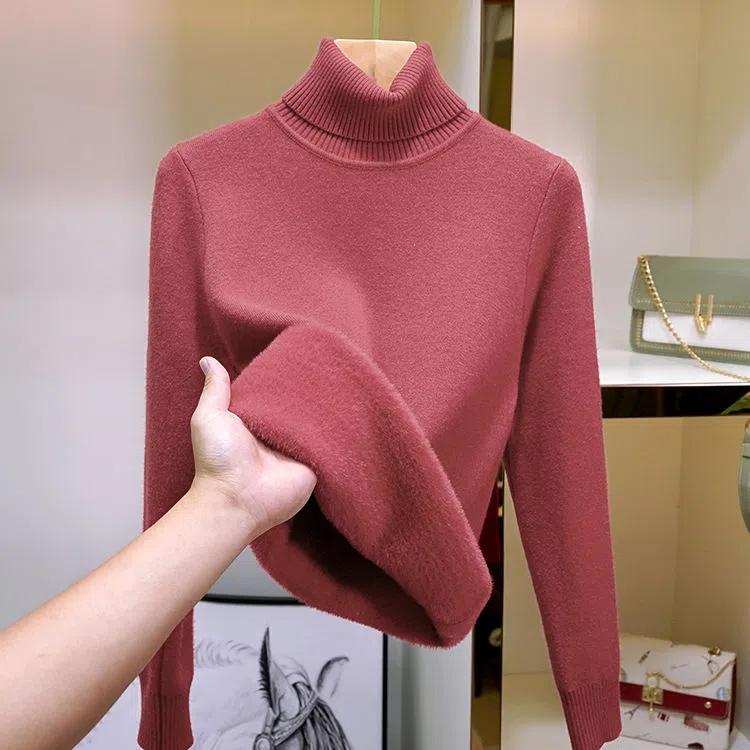 Turtleneck Sweater Fleece Thick Knitted Top Women's Korean Style Loose Pullover Sweaters Winter Warm Cashmere Bottoming Shirt