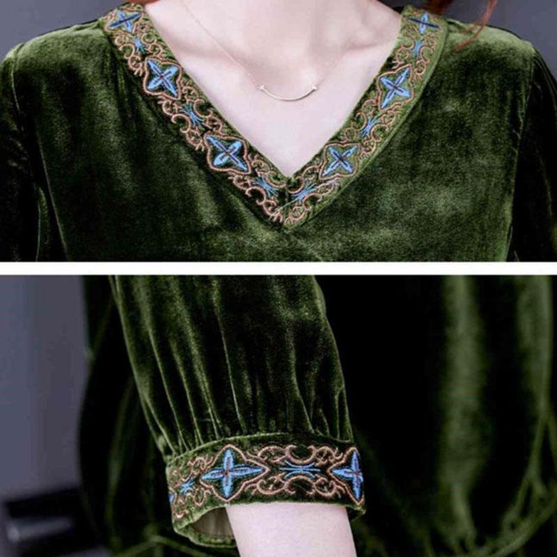 2pcs Pants Suits Autumn Retro Women's V Neck Plus-size Velvet Blouse High-waist Velvet Harem Pants Two-piece Set