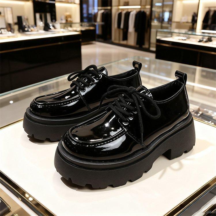 

Black thick-heeled lace-up loafers women s 2025 autumn new platform British style small leather shoes heightening muffin single shoes 35