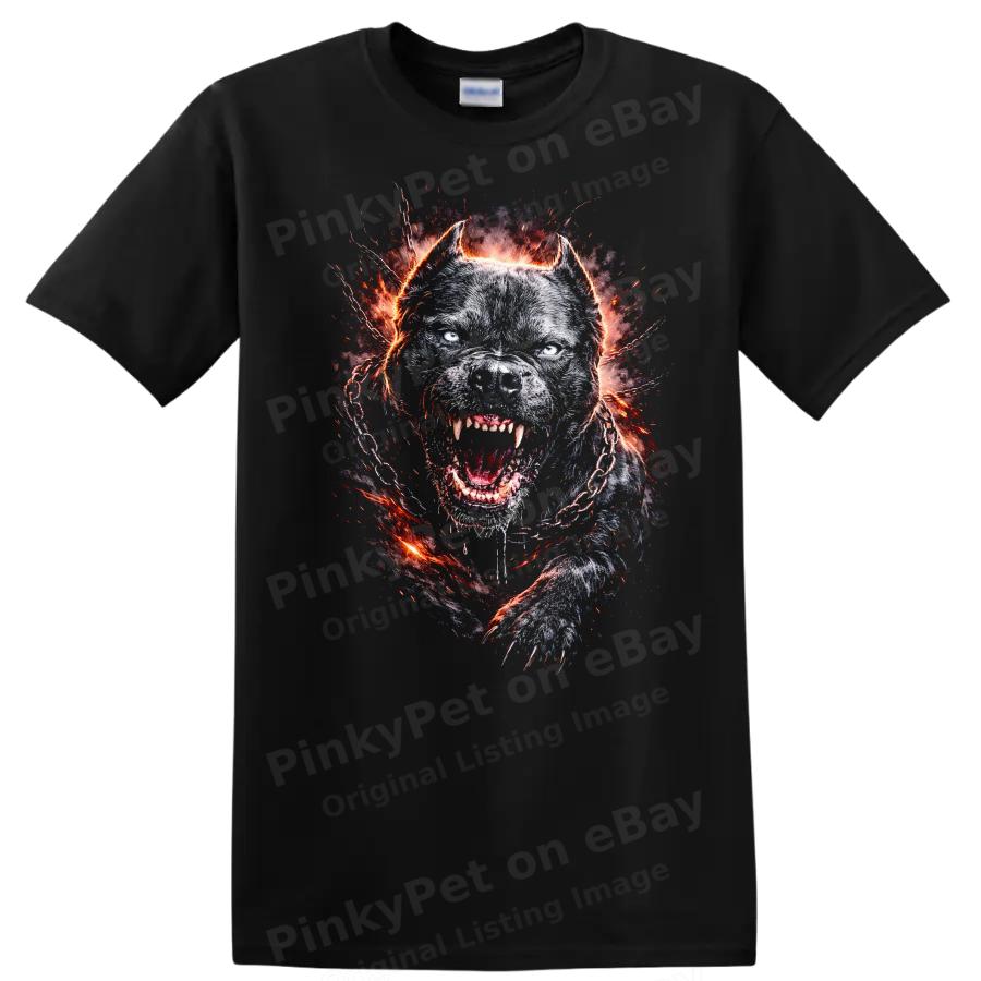 Fierce Dog Graphic T Shirt with Fire and Chains Animal Lover Tee
