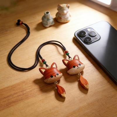 Yousheng Hand-Carved Wooden Fox Pendant Keychain Cute Animal Design Phone Keys Bag Charm Eco-Friendly Gift Accessory