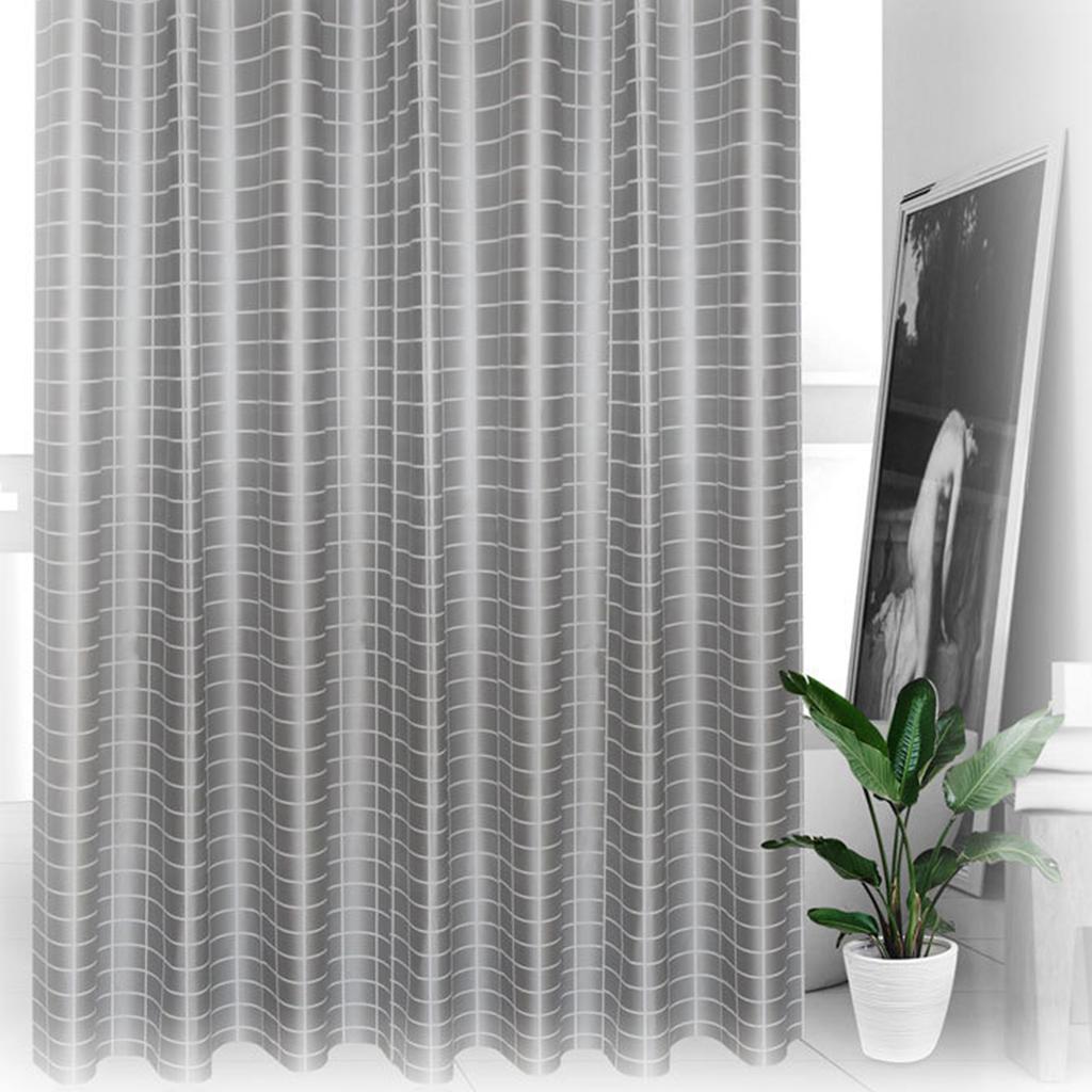 180x180CM Shower Curtain with Stainless Steel Buckle 12 Hooks Grey Grid PEVA Bath Curtain Set for