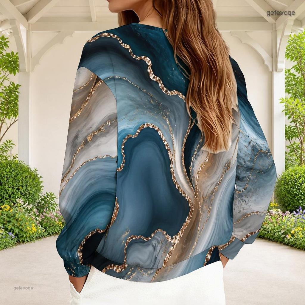 Women Plus Size V Neck Front Zip Sweatshirt Long Sleeve Ribbed Cuffs Colorful Swirl Printed Top
