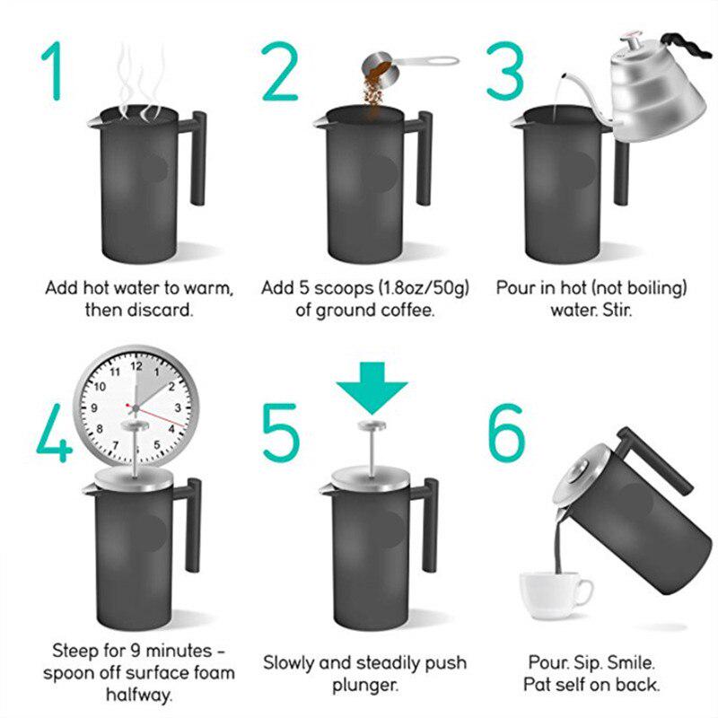 1000 ml Nerezová ocel 304 dvouvrstvá french press konvice na kávu větší kapacita Ruční kávovar