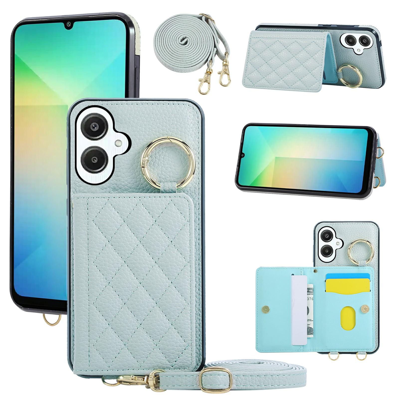 

For Samsung Galaxy A05 4G Case Kickstand Rhombus Leather+TPU Phone Cover with Shoulder Strap Blue