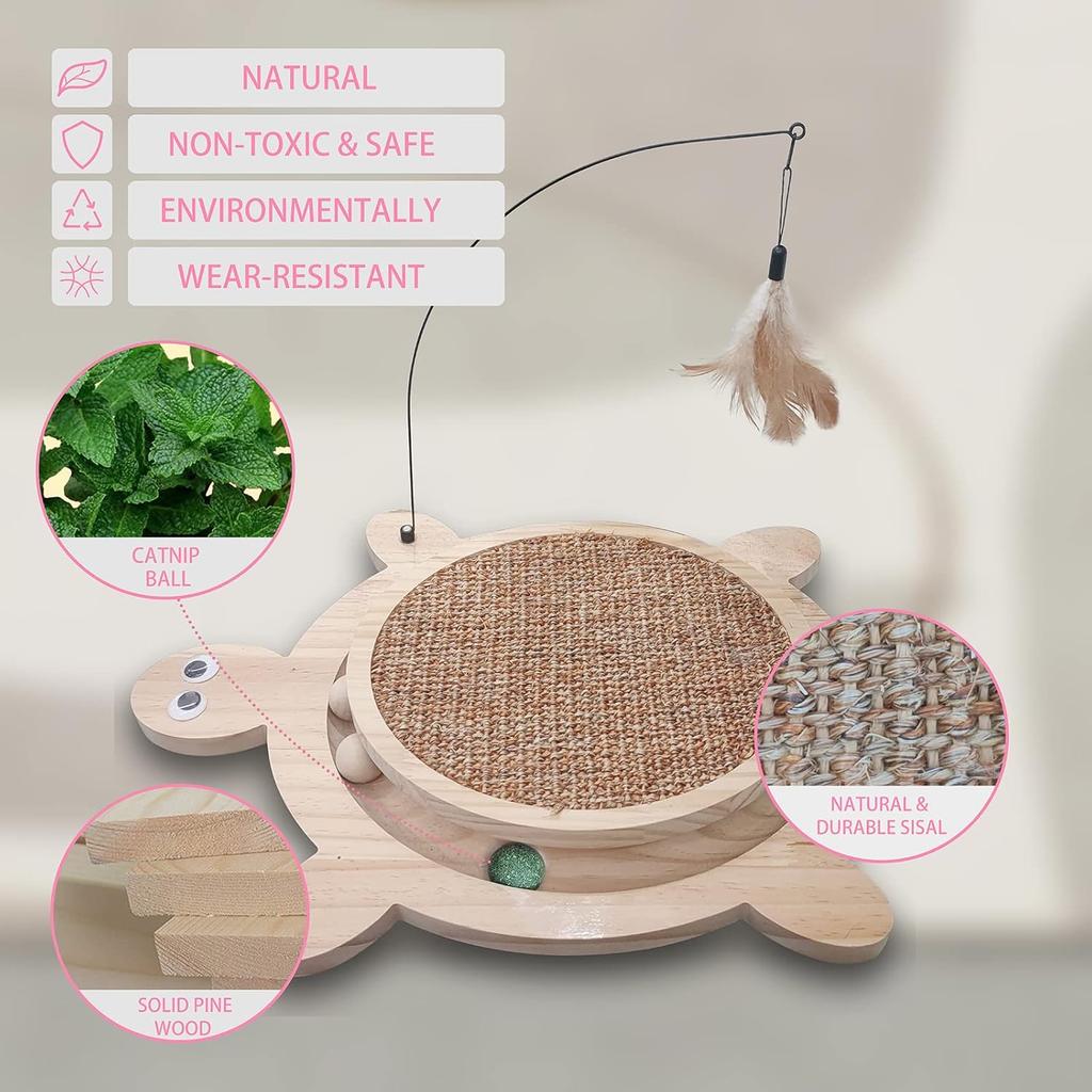 Petest Interaktives Katzenspielzeug Kratzspielzeug Natürliches Sisal Kratzbaum mit Katzenminz-Bällen, Kratzmatte mit Katzenspielzeug-Rolle, Schildkröten-Design