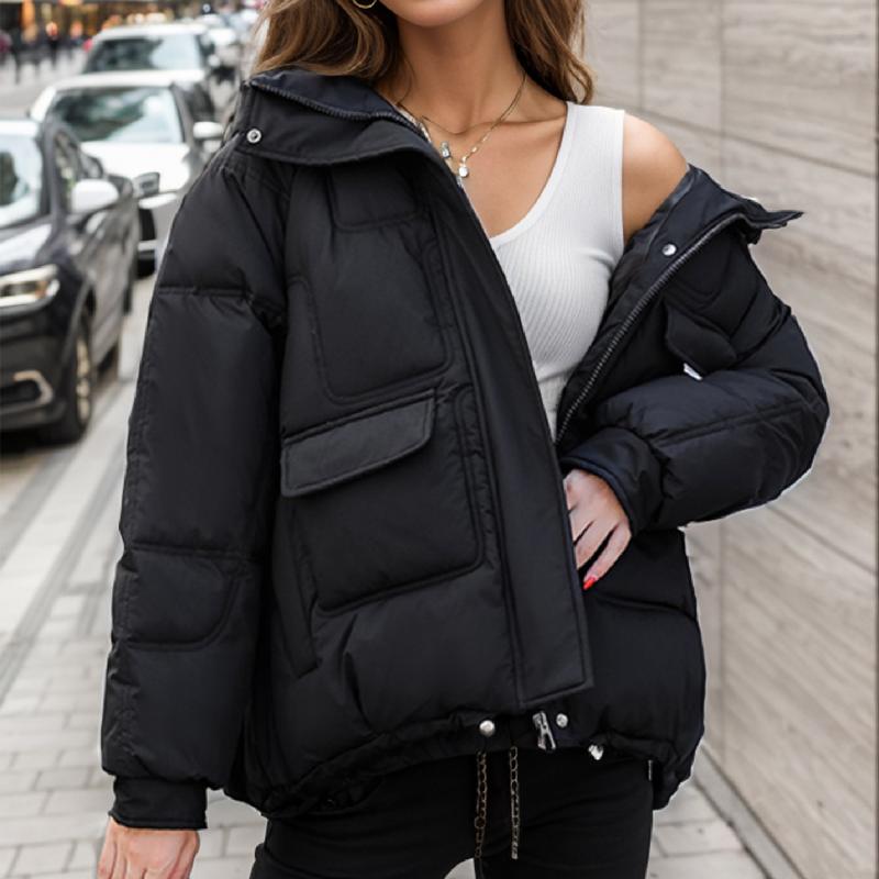 Neue lässige Damen-Kurzjacke aus Daunenbaumwolle mit Kapuze, Winterjacke mit Reißverschluss am Saum und Kordelzug, leichte Jacke mit Taschen,