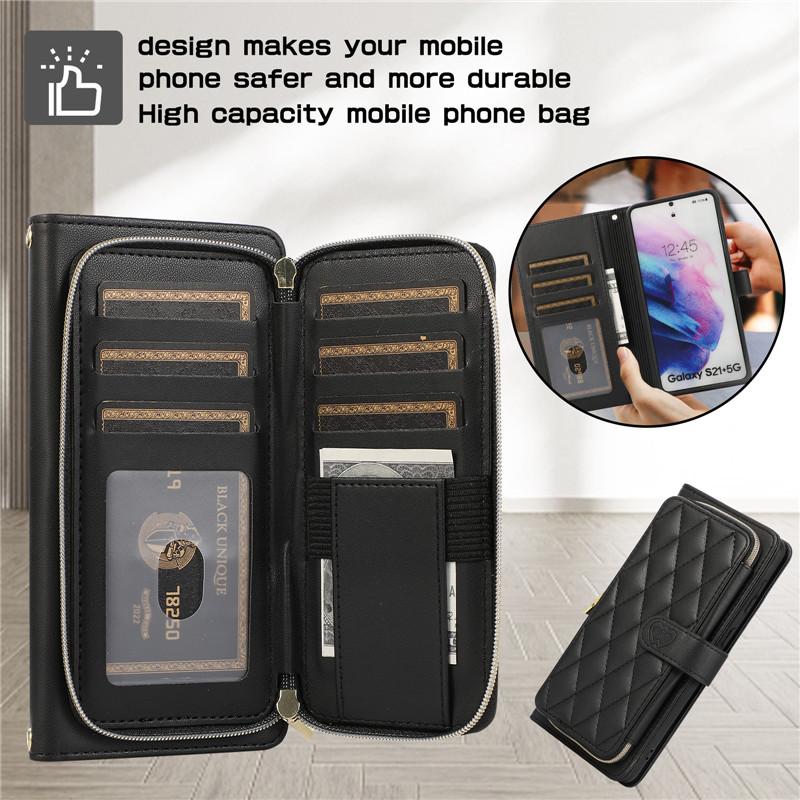 Custodia per telefono a portafoglio in pelle con cerniera con cordino per iPhone 15 Ultra 14 Plus 13 per Samsung Galaxy A54 A14 A53 A13 Nota 20 S23 S22 S21 Cover con corda da polso