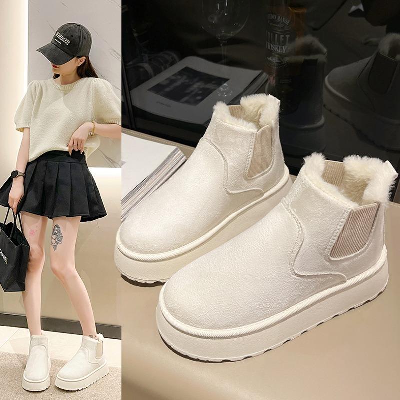 Snow Boots Women's Winter Warm Large Size Cotton Shoes Women's Winter New Solid Color Elastic Band Flat Bottom Short Cotton Boots