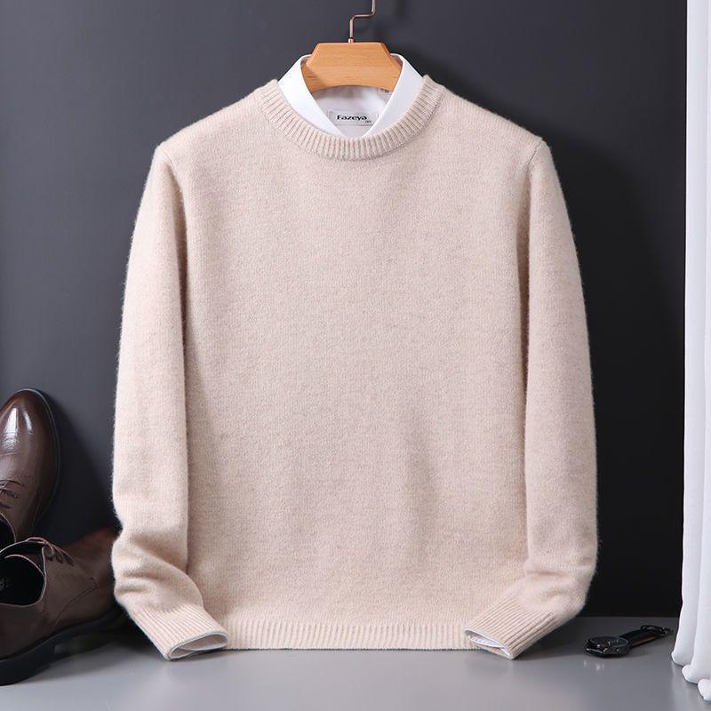 Men's Plus Size Crew Neck Wool Sweater, Casual Korean Style, Autumn/Winter Knitted Base Layer
