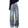 Oberbekleidung zum Bedecken des Fleisches der Retro Broken Hole Weitbeinjeans Damen Sommer Hochtailliert Skinny Locker Gerade Schlepphose Retro Jeans