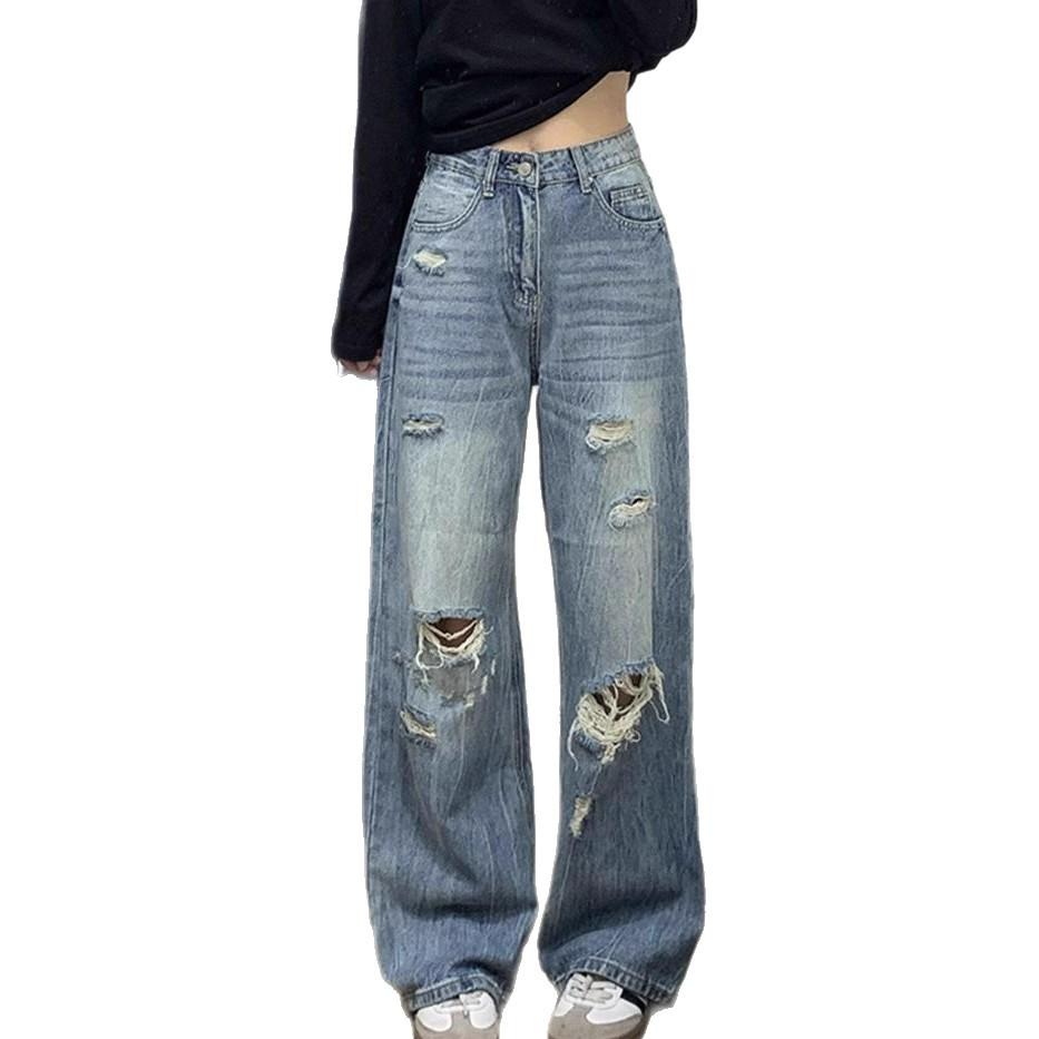 Oberbekleidung zum Bedecken des Fleisches der Retro Broken Hole Weitbeinjeans Damen Sommer Hochtailliert Skinny Locker Gerade Schlepphose Retro Jeans