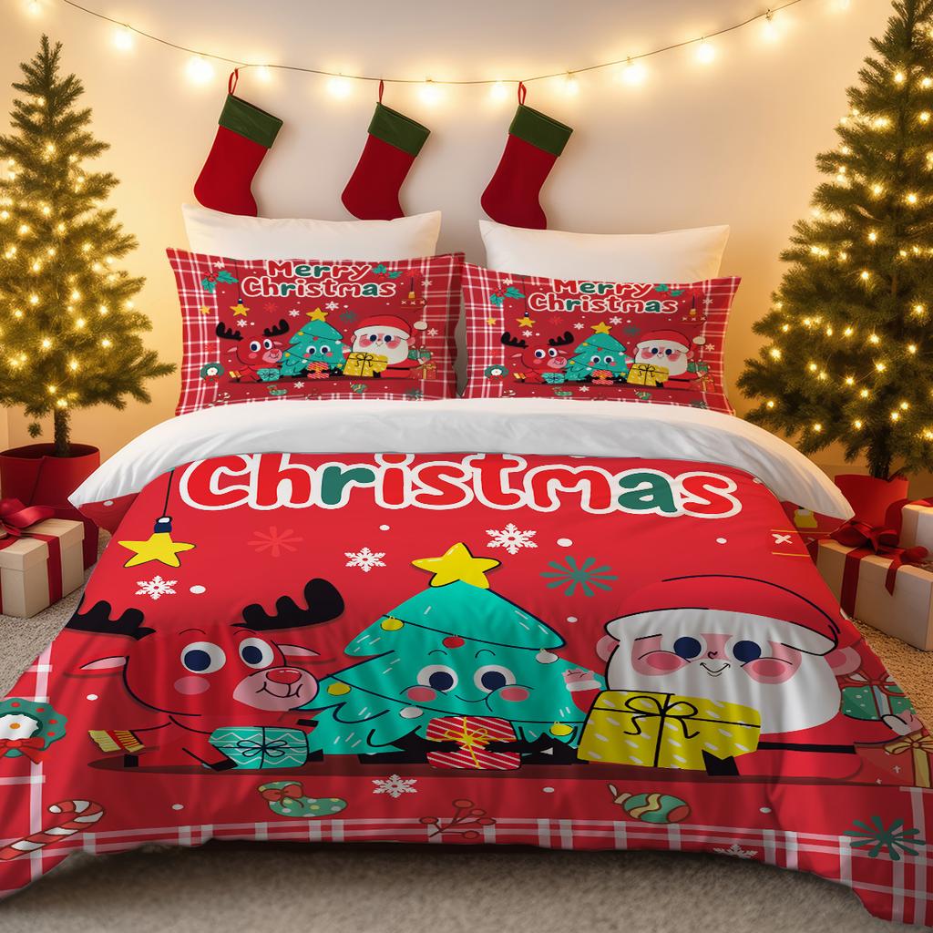 Husă de plapumă din trei piese Lenjerie de pat de Crăciun Față de pernă cu Moș Crăciun Husă de plapumă