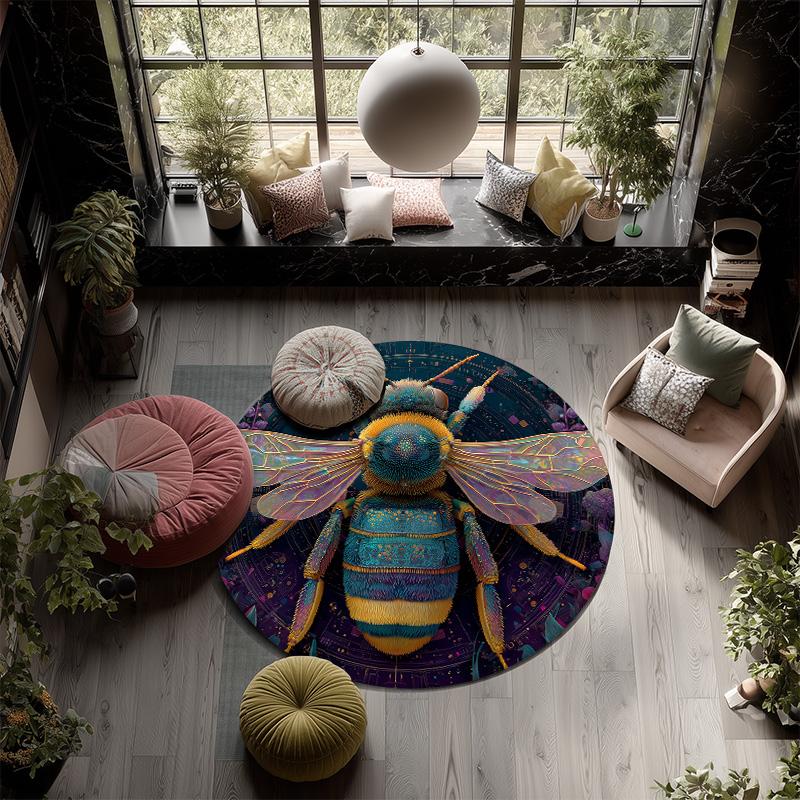 Colorful Winged Bee,Round Area Rug,Carpet Rug for Living Room Bedroom Sofa Playroom Decor,Non-slip Floor Mat