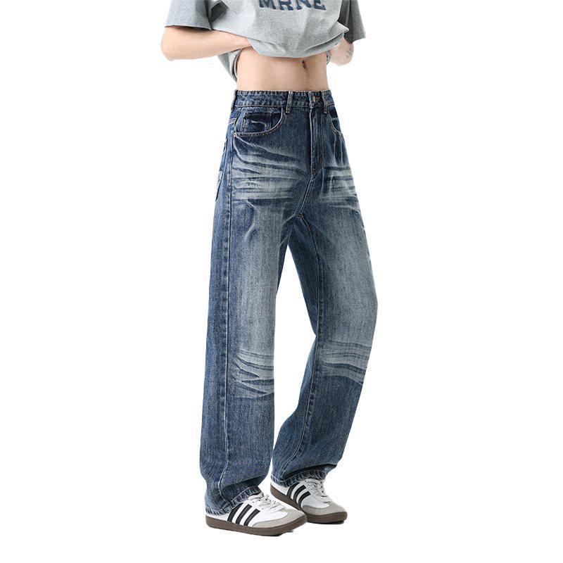 High-Quality American Retro Distressed Men's Straight-Leg Jeans with Cat Whiskers Design - 2026 Bestseller