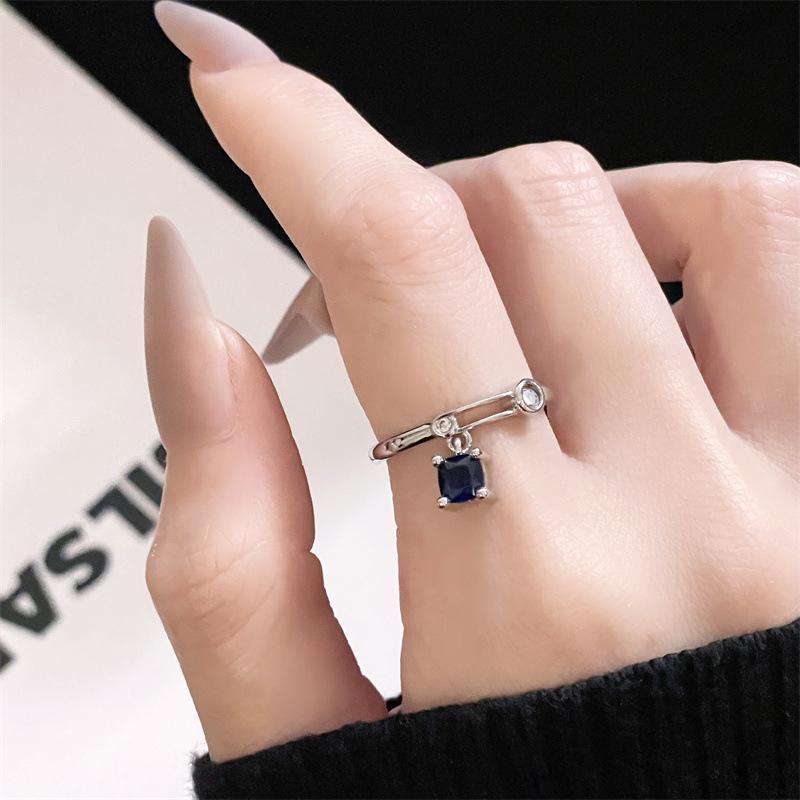 Aquamarine Series Open Ring Inlaid With Zircon Color Treasure Exquisite Light Luxury Cold Wind Temperament Ring Woman