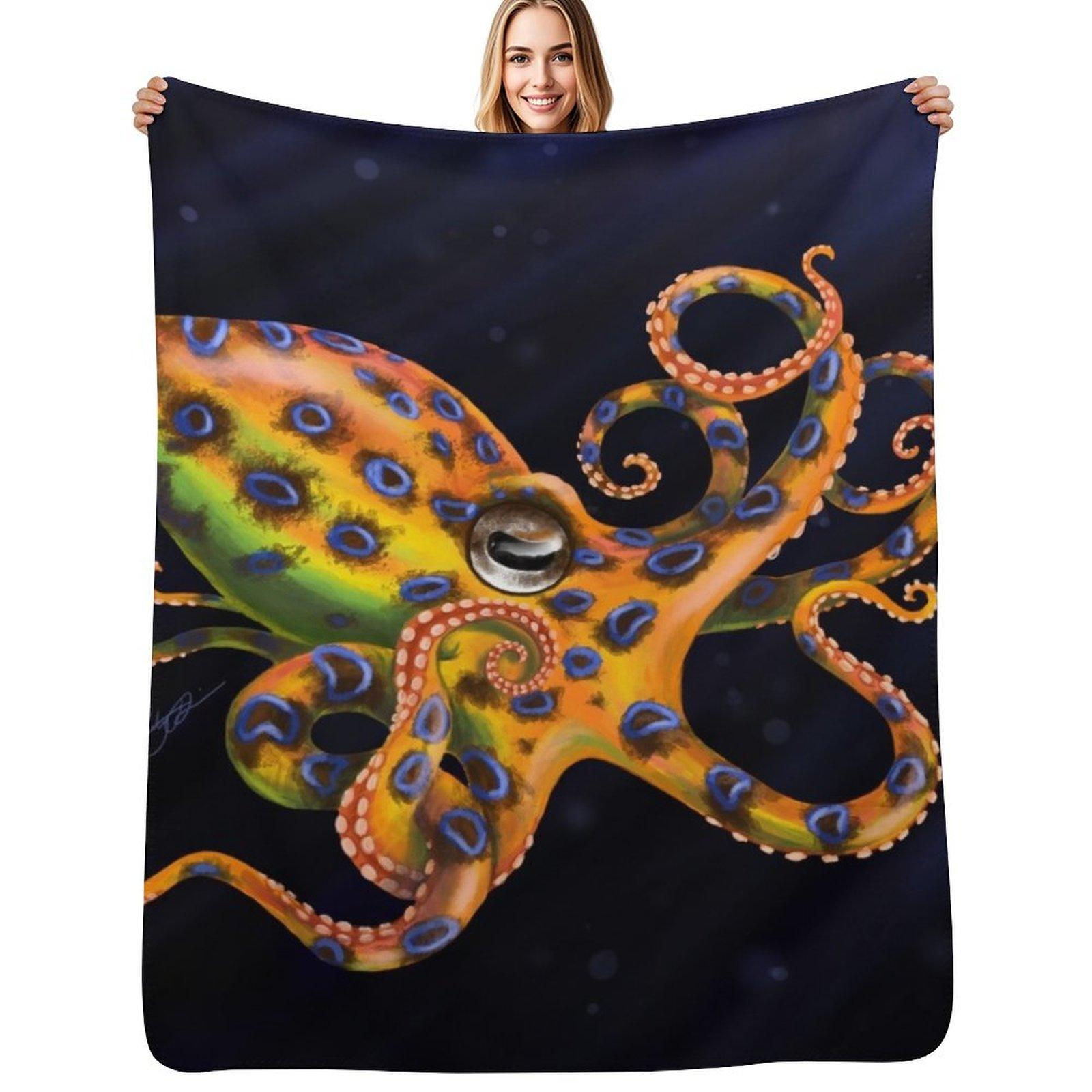 Blue Ringed Octopus Throw Blanket Compact Warm Blanket for Car Road Trip Size: 75*100cm, Weight: 230 GSM