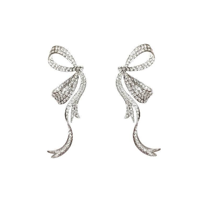 Full Diamond Ribbon Bow Earrings Women's Silver Needle Cold Wind Earrings Light Luxury Niche Design Sense Advanced Earrings Tide